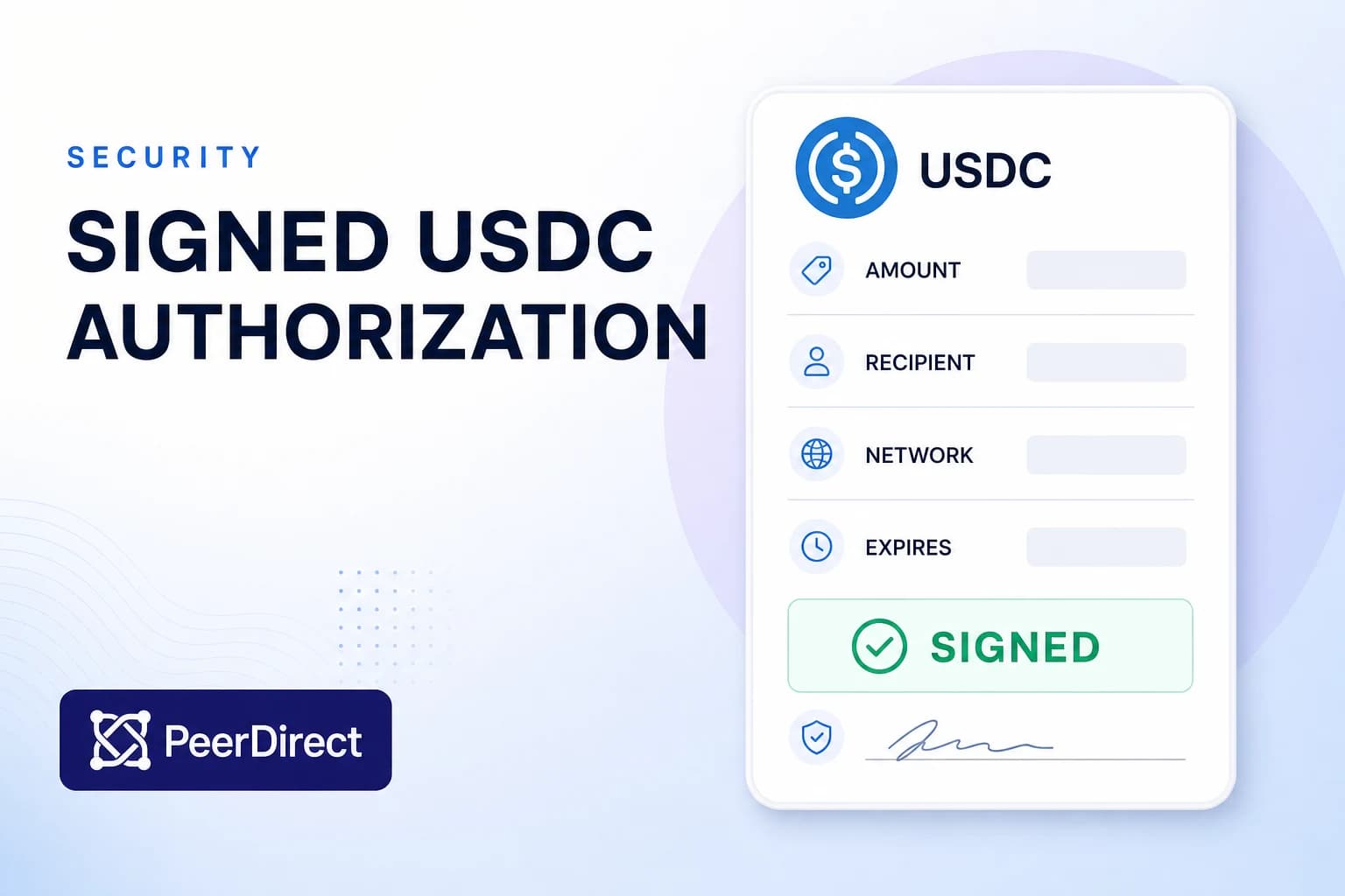 A bright fintech authorization form with USDC, fixed payment fields and a signed status.