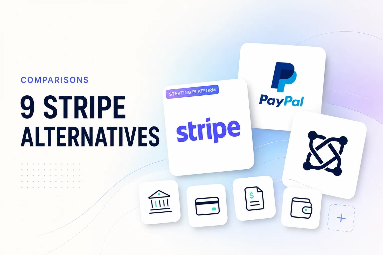 A bright fintech comparison of Stripe, PayPal, GenesisPay and other payment-method tiles.